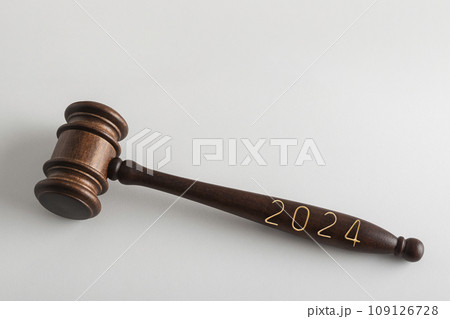 Lettering 2024 on judges gavel or hammer on white background. Court case in New Year 109126728