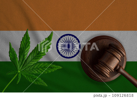 Justice wooden gavel with cannabis leaf on the Flag of India. Illegal growth of cannabis plant and drugs spreading Justice wooden gavel with cannabis leaf on the Flag of India. Illegal growth of cannabis plant and drugs spreading 109126818