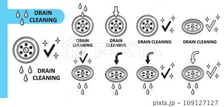 Sink drain hole cleaning, water sewage plumbing pipe, clean clogged sewer line icon set. Liquid chemical cleaner for sewerage pipeline in kitchen, bathroom. Wash bath or shower drainage tube vector 109127127