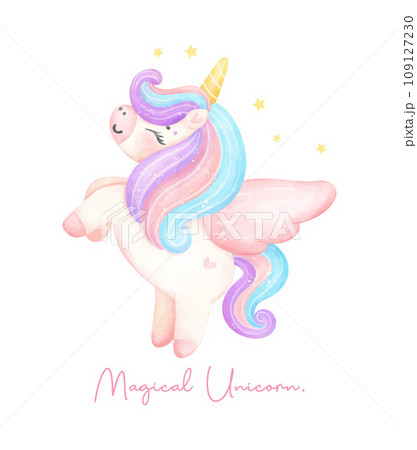 Cute unicorn with wing migical pony watercolor dreamy nursery Art illustration. Magical Unicorn. Cute unicorn with wing migical pony watercolor dreamy nursery Art illustration. Magical Unicorn. 109127230