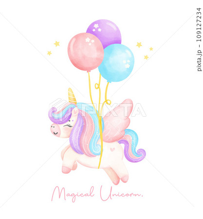 Cute unicorn with wing floating by balloons watercolor nursery Art illustration. Magical Unicorn. 109127234