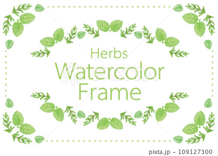 アロマに使われるハーブ・植物のイラスト・フレーム。水彩風ベクター素材 109127300