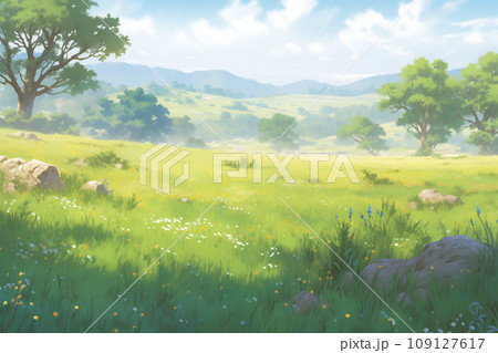 爽やかな朝の草原背景 AI画像のイラスト素材 [109127617] - PIXTA