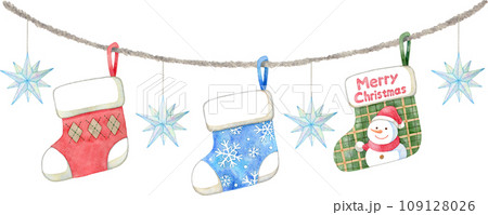 吊るしたクリスマス靴下と星型オーナメントの水彩イラスト 109128026