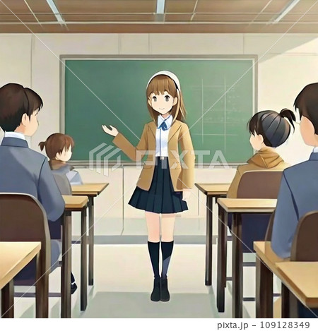 教室で友達と話をする女子生徒 109128349