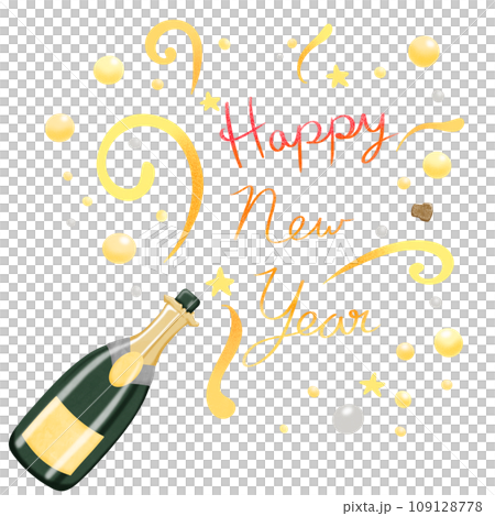 Hand draw champagne bottle exploding with Happy New year massage png Hand draw champagne bottle exploding with Happy New year massage png 109128778