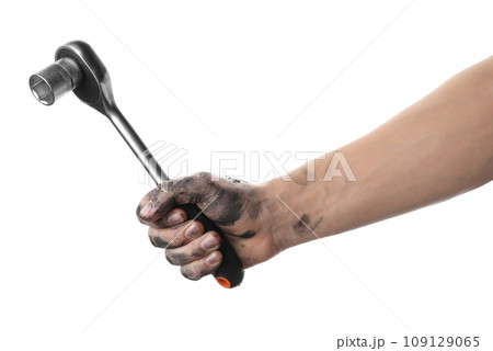 Auto mechanic holding socket wrench isolated on white, closeup 109129065