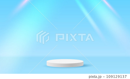 青い立体感のある背景と円形の台座　おしゃれなプリズムライトエフェクト 109129137