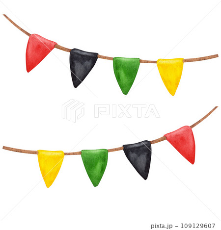 Triangular colorful flags garland red green black yellow. Kwanzaa holiday. Black history month. Hand drawn watercolor illustration isolated background. 109129607