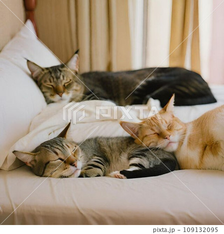 ベッドで寝ている3匹の猫 109132095