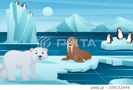 Antarctic scene with many animals . Vector . 109132649