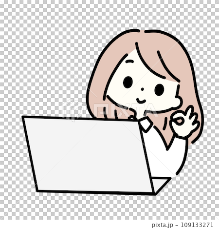 Illustration of a woman giving an OK sign in front of a computer Illustration of a woman giving an OK sign in front of a computer 109133271