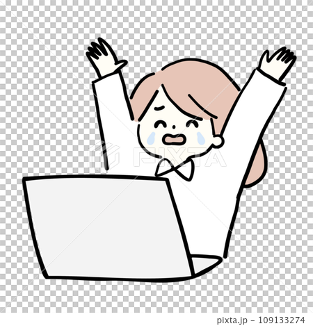 Illustration of a woman rejoicing in front of a computer 109133274