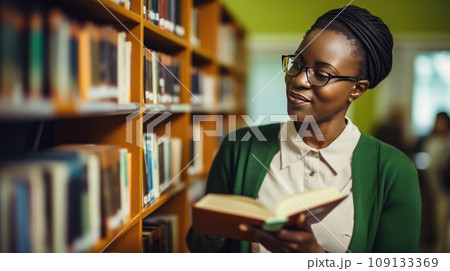 African American woman professor studies material in textbook standing near shelves in library 109133369
