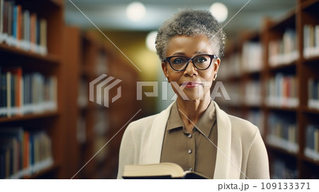 African American woman professor studies material in textbook standing near shelves in library African American woman professor studies material in textbook standing near shelves in library 109133371
