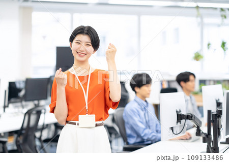 オフィスで打ち合わせをする若い男女のエンジニア オフィスで打ち合わせをする若い男女のエンジニア 109133486