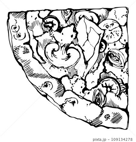 Hand drawn vector ink illustration. Capricciosa pizza slice, mozzarella tomato basil olive prosciutto champignon. Single object isolated on white. Restaurant menu cafe food shop package, flyer print. Hand drawn vector ink illustration. Capricciosa pizza slice, mozzarella tomato basil olive prosciutto champignon. Single object isolated on white. Restaurant menu cafe food shop package, flyer print. 109134278