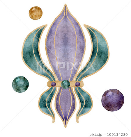 Hand drawn watercolor Mardi Gras carnival symbols. Lily iris flower French fleur de lis, purple green gold beads. Single object isolated on white background. Design for party invitation, print, shop Hand drawn watercolor Mardi Gras carnival symbols. Lily iris flower French fleur de lis, purple green gold beads. Single object isolated on white background. Design for party invitation, print, shop 109134280