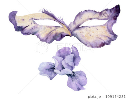 Hand drawn watercolor Mardi Gras carnival symbols. Theater masquerade circus domino iris mask, flower shape. Single object isolated on white background. Design party invitation, print, shop, festival Hand drawn watercolor Mardi Gras carnival symbols. Theater masquerade circus domino iris mask, flower shape. Single object isolated on white background. Design party invitation, print, shop, festival 109134281