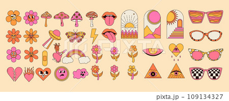 Groovy hippie sticker pack with psychedelic mushrooms, rainbow, flower, lips, eyes, sunglasses and more. Vintage vector graphics. Groovy hippie sticker pack with psychedelic mushrooms, rainbow, flower, lips, eyes, sunglasses and more. Vintage vector graphics. 109134327