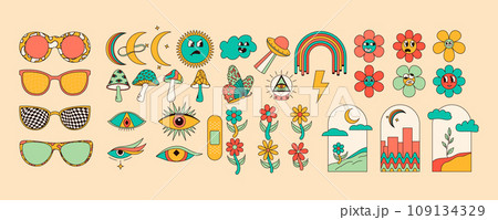 Set of groovy hippie stickers with colorful mushrooms, moon, flower, eyes, sunglasses and more. Retro trippy vector art. 109134329
