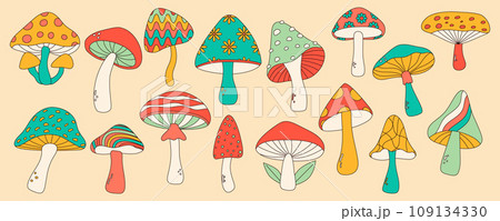 Set of vintage groovy mushrooms in 70s groovy style. Vector illustration 109134330