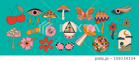 Set of 70s groovy elements. Mushrooms, sun, flower, lips, eyes, sunglasses and etc. Sticker pack in Hippie 60s, 70s style. Vector illustration 109134334