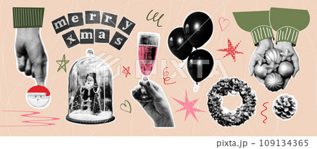 Halftone collage elements with funky doodle shapes. Christmas tree, snowman, snow globe, balloons, champagne. Vector illustration Halftone collage elements with funky doodle shapes. Christmas tree, snowman, snow globe, balloons, champagne. Vector illustration 109134365