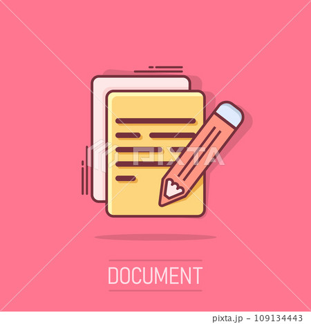 Vector cartoon document with pencil icon in comic style. Note with pen sign illustration pictogram. Notebook business splash effect concept. 109134443