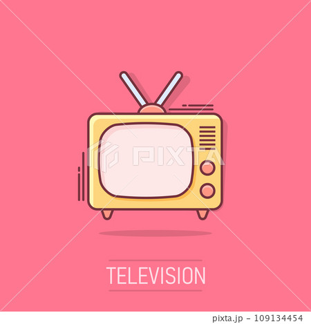 Vector cartoon Tv icon in comic style. Television sign illustration pictogram. Tv business splash effect concept. 109134454