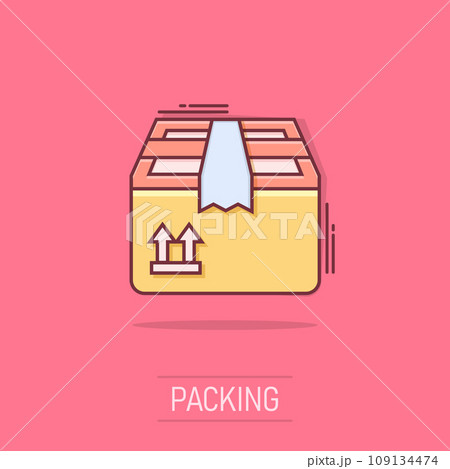 Vector cartoon packaging box icon in comic style. Shipping pack sign illustration pictogram. Box business splash effect concept. Vector cartoon packaging box icon in comic style. Shipping pack sign illustration pictogram. Box business splash effect concept. 109134474
