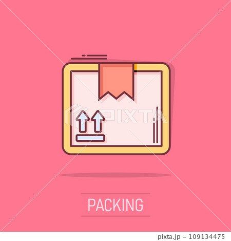 Vector cartoon packaging box icon in comic style. Shipping pack sign illustration pictogram. Box business splash effect concept. 109134475