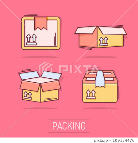 Vector cartoon set of packaging box icon in comic style. Shipping pack sign illustration pictogram. Box business splash effect concept. 109134476