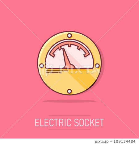 Vector cartoon electric meter icon in comic style. Power meter sign illustration pictogram. High voltage business splash effect concept. 109134484