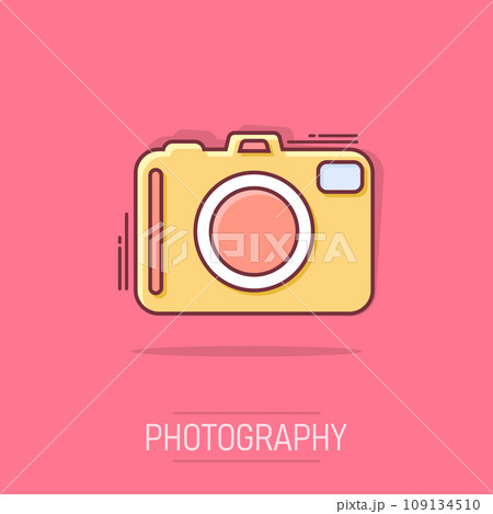 Vector cartoon photo camera icon in comic style. Photographer cam sign illustration pictogram. Camera business splash effect concept. Vector cartoon photo camera icon in comic style. Photographer cam sign illustration pictogram. Camera business splash effect concept. 109134510