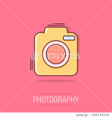 Vector cartoon photo camera icon in comic style. Photographer cam sign illustration pictogram. Camera business splash effect concept. Vector cartoon photo camera icon in comic style. Photographer cam sign illustration pictogram. Camera business splash effect concept. 109134519