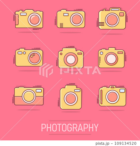 Vector cartoon photo camera set icon in comic style. Photographer cam sign illustration pictogram. Camera business splash effect concept. Vector cartoon photo camera set icon in comic style. Photographer cam sign illustration pictogram. Camera business splash effect concept. 109134520
