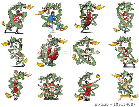 龍のように活躍するスポーツ選手のイラストセット 109134687