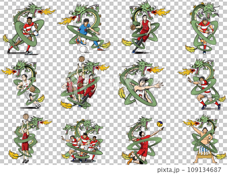 龍のように活躍するスポーツ選手のイラストセット 109134687