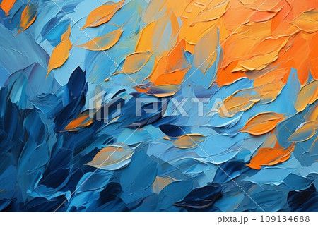 油絵のカラフルな背景）青とオレンジの抽象的な葉の模様のテンプレート
