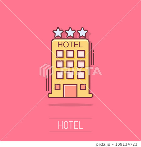 Vector cartoon hotel icon in comic style. Tower sign illustration pictogram. Hotel apartment business splash effect concept. 109134723