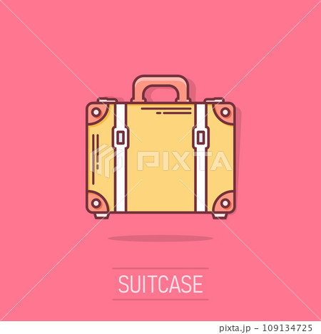 Vector cartoon suitcase icon in comic style. Case for tourism, journey, trip sign illustration pictogram. Suitcase business splash effect concept. 109134725