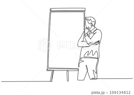 Single continuous line drawing of young business coach teaching strategy to increase company growth on flip chart in front of class. Business coaching. One line draw graphic design vector illustration 109134812