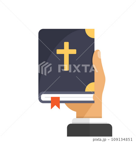 Holy bible in hand icon in flat style. Christianity book vector illustration on isolated background. Religion sign business concept. Holy bible in hand icon in flat style. Christianity book vector illustration on isolated background. Religion sign business concept. 109134851