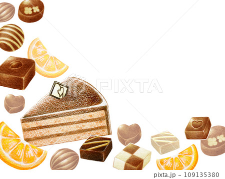 バレンタインのチョコレートの色鉛筆画フレーム背景素材　横 109135380