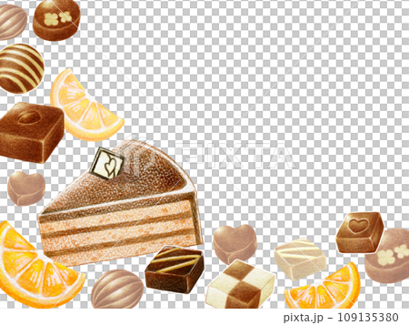バレンタインのチョコレートの色鉛筆画フレーム背景素材　横 109135380