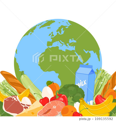 World Food Day. The concept of the importance of food safety, responsible nutrition and the elimination of food waste. Food in a flat style on the background of the Earth. 16 October. 109135592