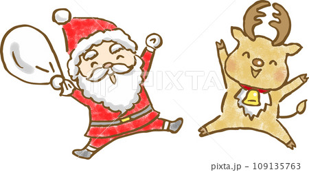 ジャンプしている笑顔のサンタクロースとトナカイの手描きイラストの