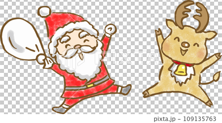 ジャンプしている笑顔のサンタクロースとトナカイの手描きイラストの