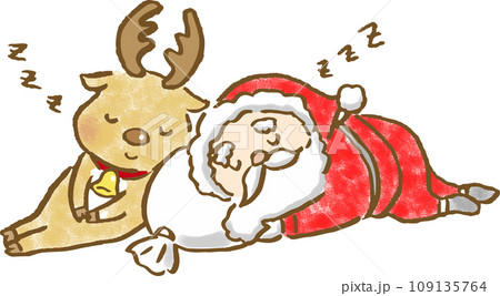 眠っているサンタとトナカイの手描きイラスト 109135764